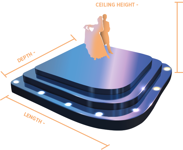 The size of the stage floor - length 4 m., depth 3 m., height 2.5 m.